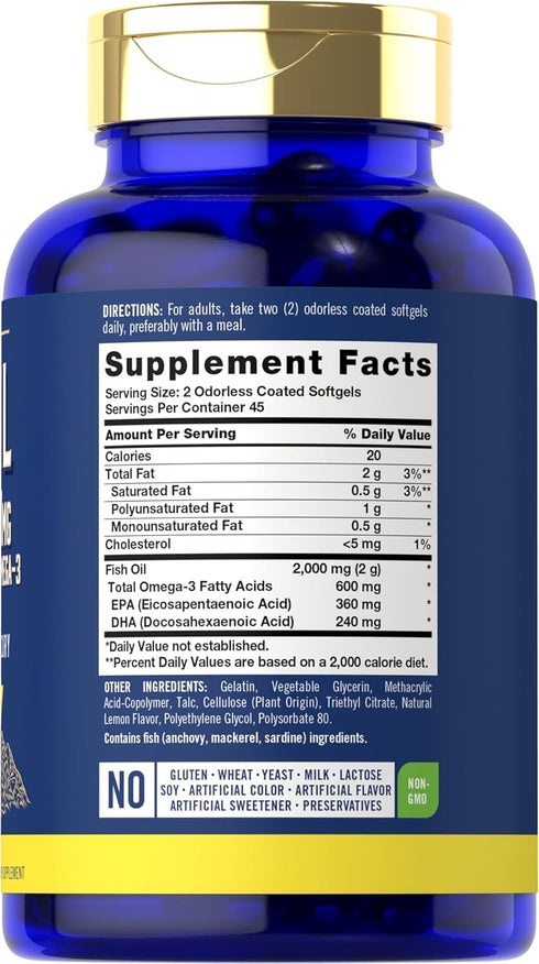 Carlyle Fish Oil 2000mg | 600mg Omega 3 with EPA & DHA | 90 Odorless Softgels | Lemon Flavored Supplement | Non-GMO & Gluten Free Pills