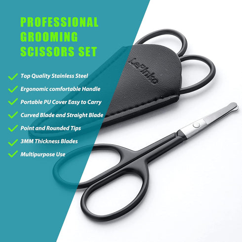 Small Grooming Scissors for Facial Hair - Eyebrow, Nose Hair, Mustache, Beard Trimming Kit - 2PCS Black with Cover