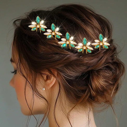 Yokawe Wedding Hair Pins, Gold Rhinestone Bridal Hairpin, Green Crystal Headpiece Hair Accessories for Women (Pack of 5)