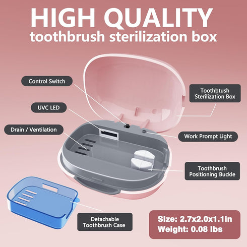 Toothbrush Covers Case with UV Light Sanitizer and Holder, Rechargeable Portable Toothbrush Cleaner Case (Pink)