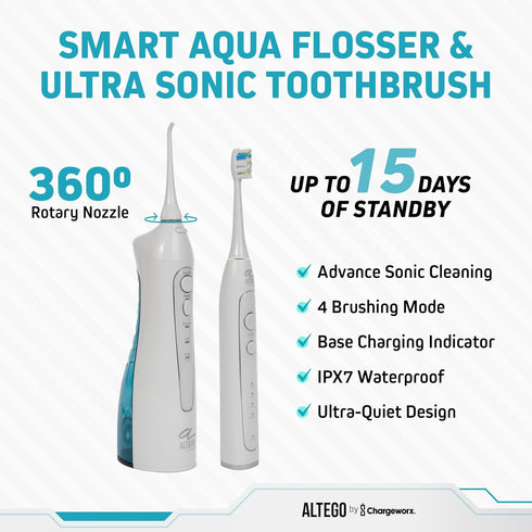 Altego Ultra Sonic Electric Toothbrush for Adults, Dental Oral Irrigator Water Flosser Cordless Combo Set,