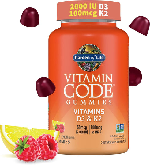 Garden of Life Vitamin D3+K2 Gummies - 45 Raspberry Lemon Gummies, 2000 IU D3 & 100mcg K2 for Bone Health