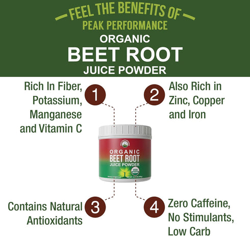 Organic Beet Root Powder - Ultra High Purity Super Food Beets Juice Powder, 100% Pure Nitric Oxide Boosting