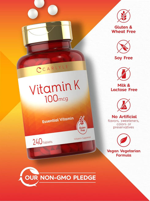 Carlyle Vitamin K 100 mcg, 240 Tablets, Vegetarian, Non-GMO, Gluten Free Supplement