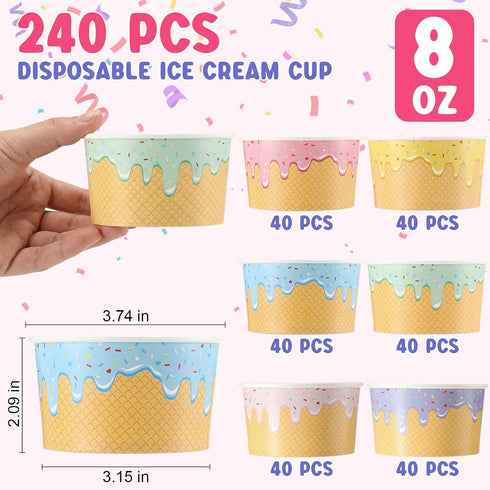 Jingmore 240 4/6/8 oz 6 Frozen Summer (8 oz) Pcs Ice Cream Bowls Paper Ice Cream Cups Containers Bulk Colors Disposable