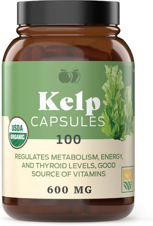 Raw Sea Kelp Powder Supplement 100 Pills, 600mg Capsules, Powdered Raw Seaweed & Thyroid Support