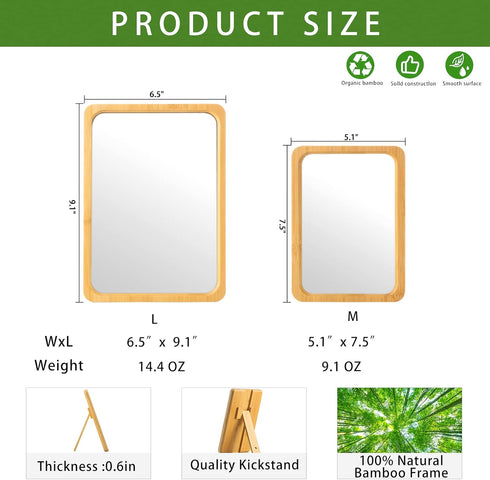 Natural Bamboo Folding Desk Table Mirror - Portable Handheld/Stand Makeup Mirror, 5.1" W x 7.5" L