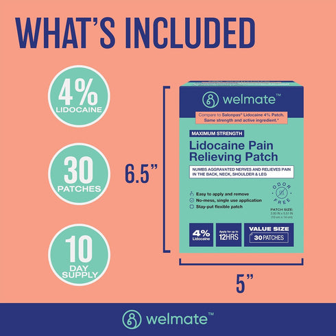 WELMATE 4% Lidocaine Numbing Patch Maximum Strength Temporary Pain Relief for Back, Neck, Shoulders, 30 ct
