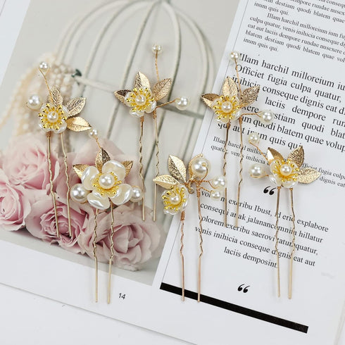 inSowni 21 Pack Gold Leaf Flower Bridal Wedding Hair Combs + U-shaped Pearls Hair Pins Accessories
