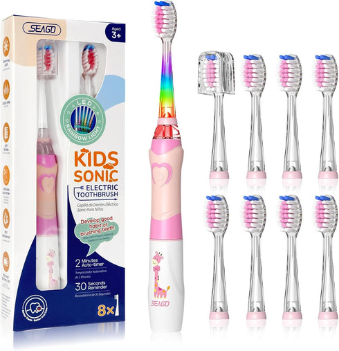 SEAGO Kids Electric Toothbrush - 2 Mins Brushing Timer, 8 Replacement Brush Heads, Pink Color for Ages 4-12