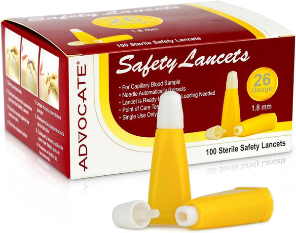 Pressure Activated Safety Lancets 26G 1.8mm, Box of 100, Advocate Glucose Testing Device