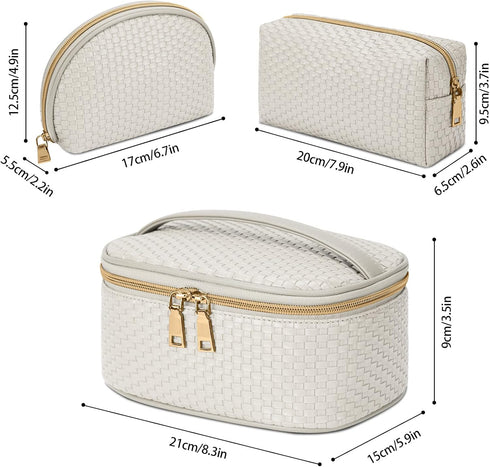 KTMOUW 3 Pcs Waterproof Makeup Bag Set, Portable Travel Organizer for Women, Weave Toiletry Bag, Beige
