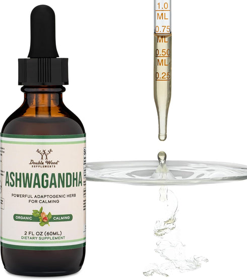 Double Wood Ashwagandha Organic Drops for Stress Relief (1,200mg, 60 Servings) - Adrenal Support, Cortisol Manager