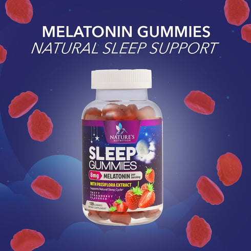 Melatonin Gummies 8mg - Extra Strength Sleep Support with 20mg Passiflora, Vegan & Non-GMO, Berry Flavor - 120 Gummies