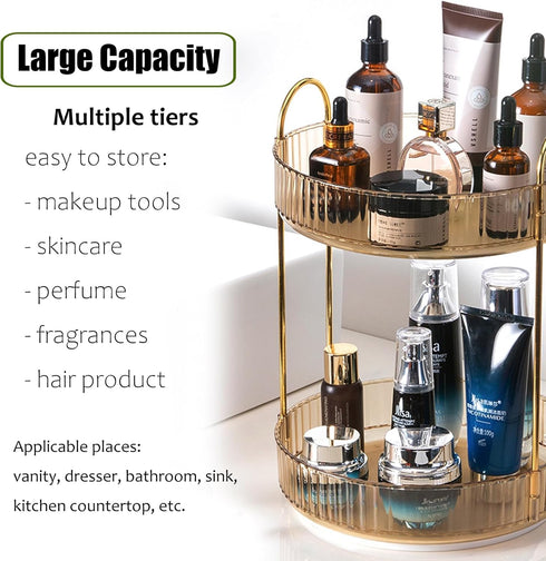 Rotating Makeup Organizer - 2 Tier Lazy Susan Trays for Skincare & Perfume, Amber Gold Bathroom Counter Vanity