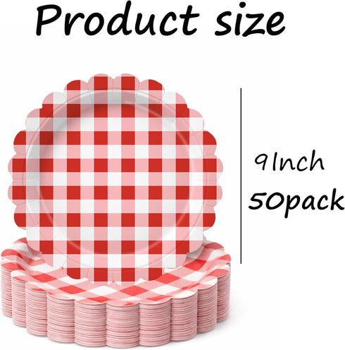 sunepany 50 9 Inch, Pcs Red Paper Plates Gingham Scalloped Disposable Plates for Party Christmas Birthday BBQ