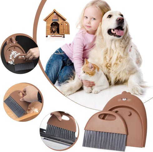 Mini Dustpan and Brush Set, Small Handheld Dust Pan with Broom for Home, Kitchen, Desktop, and Pet Cages (Cute Animal)