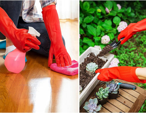 Vgo... 2-Pairs Red Dishwashing Gloves, Reusable Household Kitchen Gloves, Long Sleeve, Thick Latex