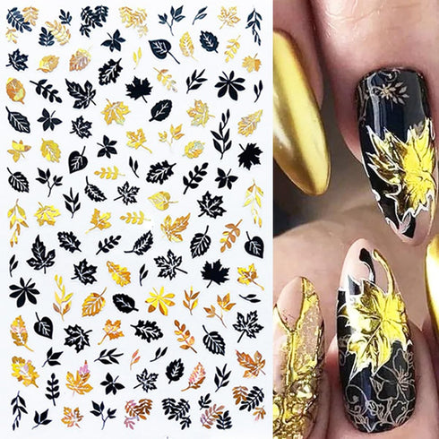 8 Sheets Gold Maple Leaf Nail Stickers - 3D Fall Nail Art Supplies, Holographic Autumn Design Foils