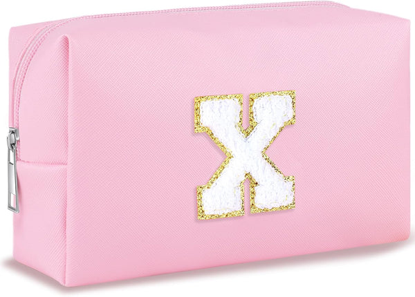 Initial Makeup Bag Personalized Preppy Travel Small Cosmetic Bag, Cute PU Pink Chenille Letter Pouch for Women