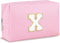 Initial Makeup Bag Personalized Preppy Travel Small Cosmetic Bag, Cute PU Pink Chenille Letter Pouch for Women