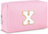 Initial Makeup Bag Personalized Preppy Travel Small Cosmetic Bag, Cute PU Pink Chenille Letter Pouch for Women