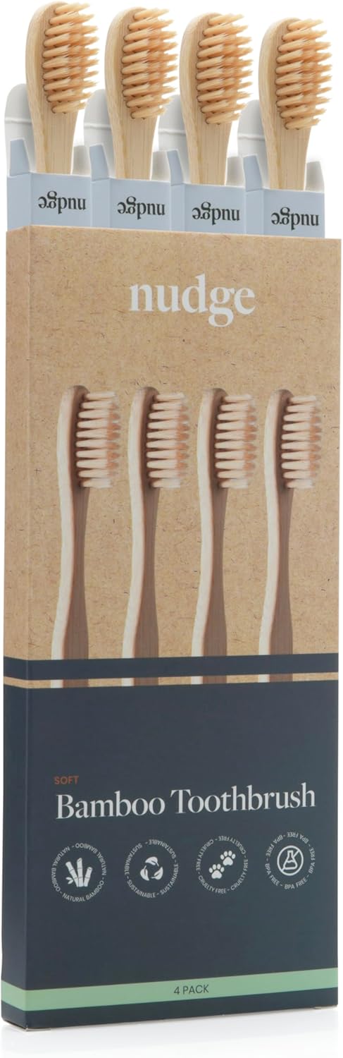 Nudge Natural Bamboo Toothbrushes with Bamboo Bristles, Eco-Friendly, Pack of 4