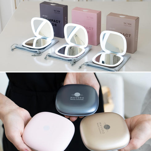 Mavoro LED Lighted Travel Makeup Mirror, Rechargeable, 1x/10x Magnification, Pocket or Purse Mirror, Touch Sensor