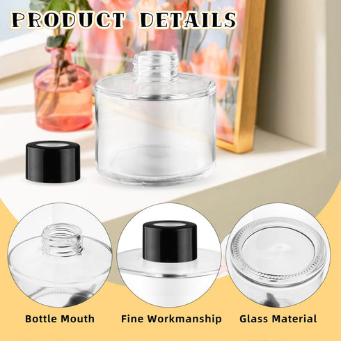 Mirrline 6 100ml/3.4oz Pcs Glass Diffuser Clear Refillable Round Glass Diffuser with Black Lids for Aromatherapy