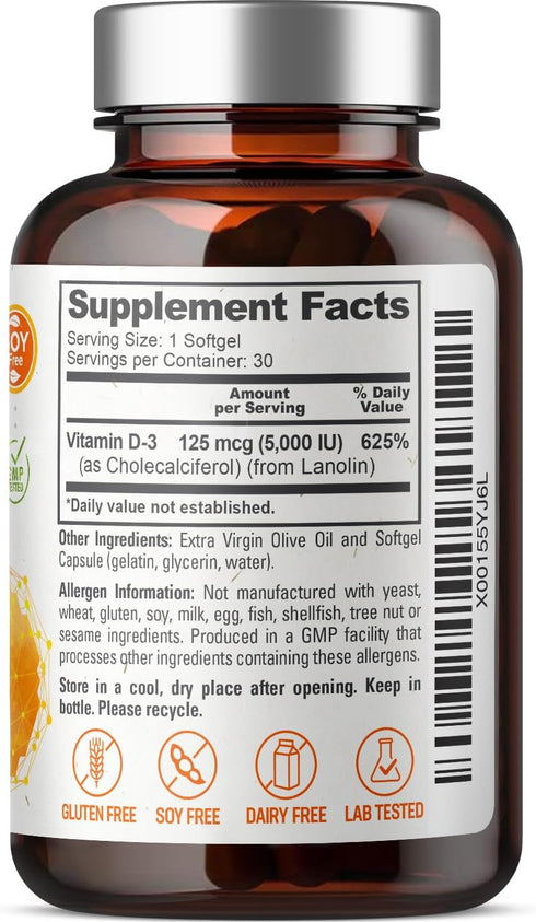 biophix Vitamin D-3 5000 IU 30 Softgels - High-Potency in Extra Virgin Olive Oil, Non-GMO, Soy-Free, Supports Bone, Immune Health and K2