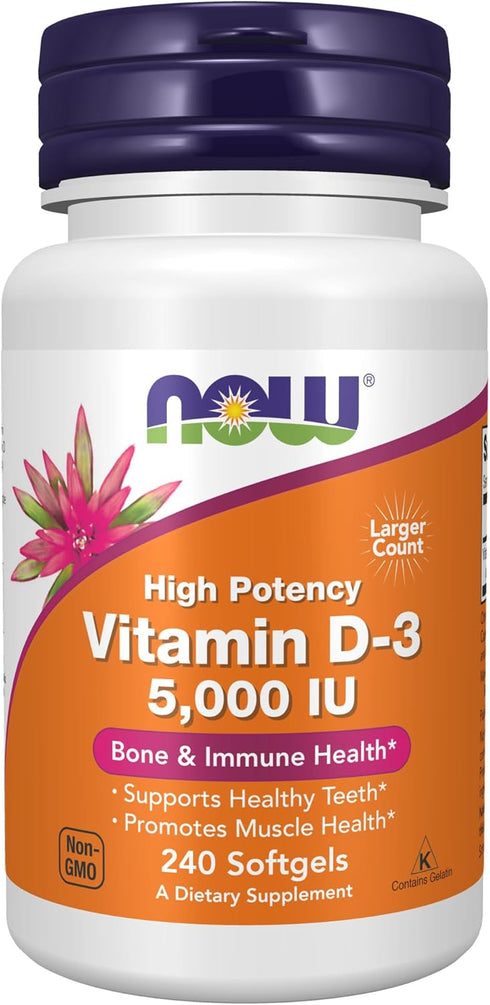 NOW Supplements Vitamin D-3 5,000 IU, 240 Softgels - High Potency Structural Support