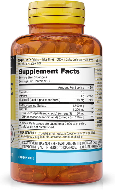 MASON NATURAL Glucosamine & Fish Oil (DHA and EPA Omega 3) - Healthy Joints and Muscles, Supports Circulatory Function, Improved Cardiovascular Health, 90 Softgels