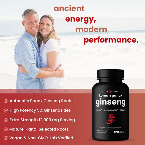 NutraChamps Korean Red Panax Ginseng Capsules - Extra Strength for Energy, Focus, Performance, Vitality, Immune Support