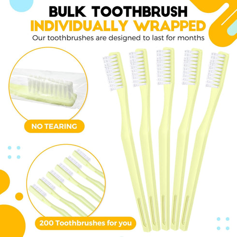 CHENGU 200 Pack Individually Wrapped Disposable Toothbrush Bulk, Single Use Travel Toothbrushes for Adults (Yellow)