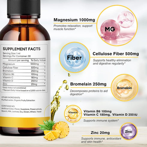 Magnesium Glycinate Liquid, 1000mg Magnesium Liquid Supplement with Cellulose Fiber, Bromelain, Vitamin B6, C, D, Zinc, Magnesium Liquid Drops for Kids and Adults, Pineapple Flavor, 2 Pack