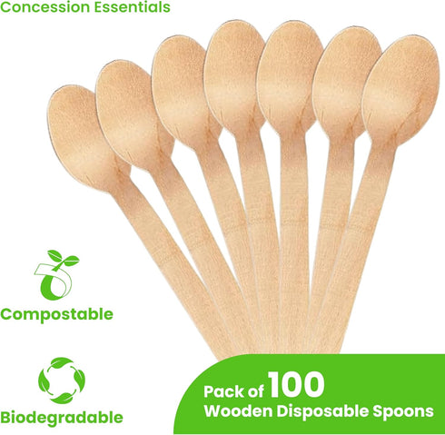 Concession Essentials Disposable Wooden Cutlery Spoons - 6.25 Inch Length, Pack of 100