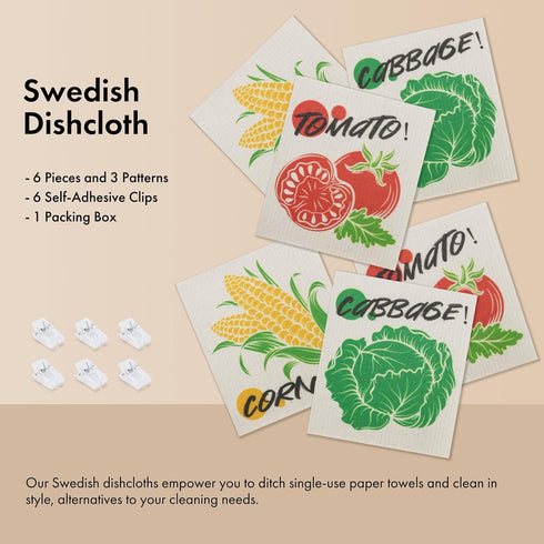 TAMATESIN 6 Pack Swedish Dishcloths for Kitchen, Vegetable Swedish Dish Towels with Clips, Reusable Paper Towels
