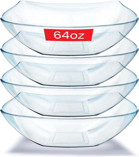 64oz Clear Plastic Serving Bowls (4 Pack), Large Disposable Candy Dishes, Square Buffet Containers for Snacks, Salad Bar