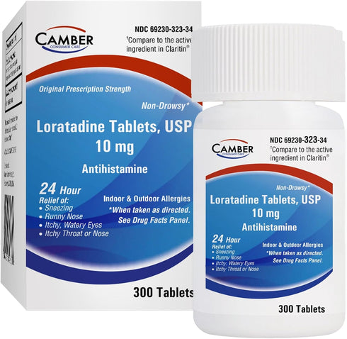 Camber Consumer Care Loratadine 10mg Allergy Pills, Non-Drowsy Antihistamine for 24 Hour Allergy Relief (300 Tablets)