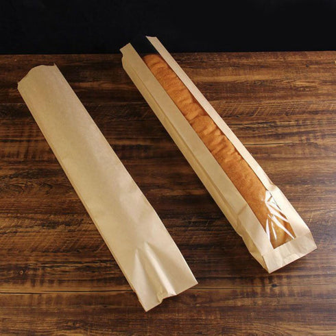HONITANO 50pcs Packaging Kraft Paper Bread Bags with Window for Baguette Loaf Disposable Paper Bags for Homemade Bread
