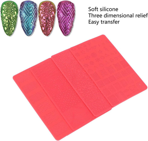 Nail Stamping Template, 4pcs Nail Stamp Plates Set, 3D Relief Nail Printing Template for Salon DIY Manicure