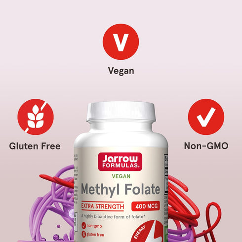 Jarrow Formulas Extra Strength Methyl Folate 400 mcg, 60 Veggie Capsules for Cardiovascular Health