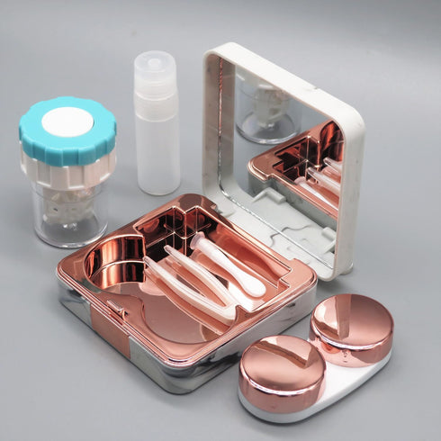 Contact Lens Case with Cleaner Washer, Portable Cute Eye Contacts Applicator Remover Tool Kit with Mirror (Rose Gold)