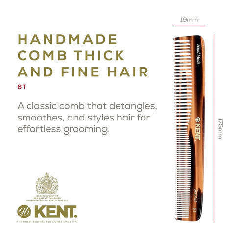 Kent 6T Fine Tooth Comb and Wide Tooth Comb Hair Combs for Women, Combs for Men Beard Comb and Mustache Comb, Barber Comb Hair Styling Grooming Comb for Men and Women. Handmade and Saw Cut Kent Comb