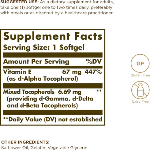 Solgar Vitamin E 67 mg (100 IU) - 100 Softgels, Pack of 2 - Antioxidant Support - Gluten & Dairy Free - 200 Total Servings