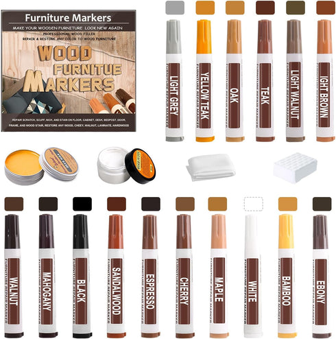 22PCS Furniture Markers Touch Up Kit, 16 Color Wood Markers with Beeswax Wood Putty Filler for Repairs