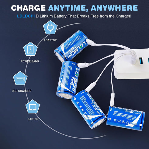 LDLDCHI 4-in-1 4 Pack 7400mWh 1.5V 1000 Rechargeable Lithium D Batteries with Charge Cable, D Cell Rechargeable