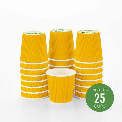 Restaurantware 4 Ounce Paper Coffee Cups, 25 Disposable Ripple Wall Cups, Leakproof, Yellow Paper Hot Cups