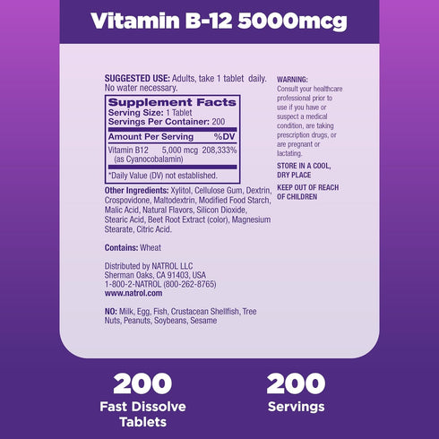 Natrol Vitamin B12 5,000 mcg Fast Dissolve Supplement for Healthy Nervous System and Energy Metabolism, 200 Tablets