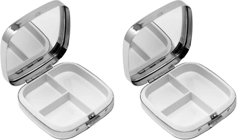 Set 2 3 Stephanie Imports Personal Pill Organizers, of Square-Shaped Pill Box with Mirror (Silver Etched Lines